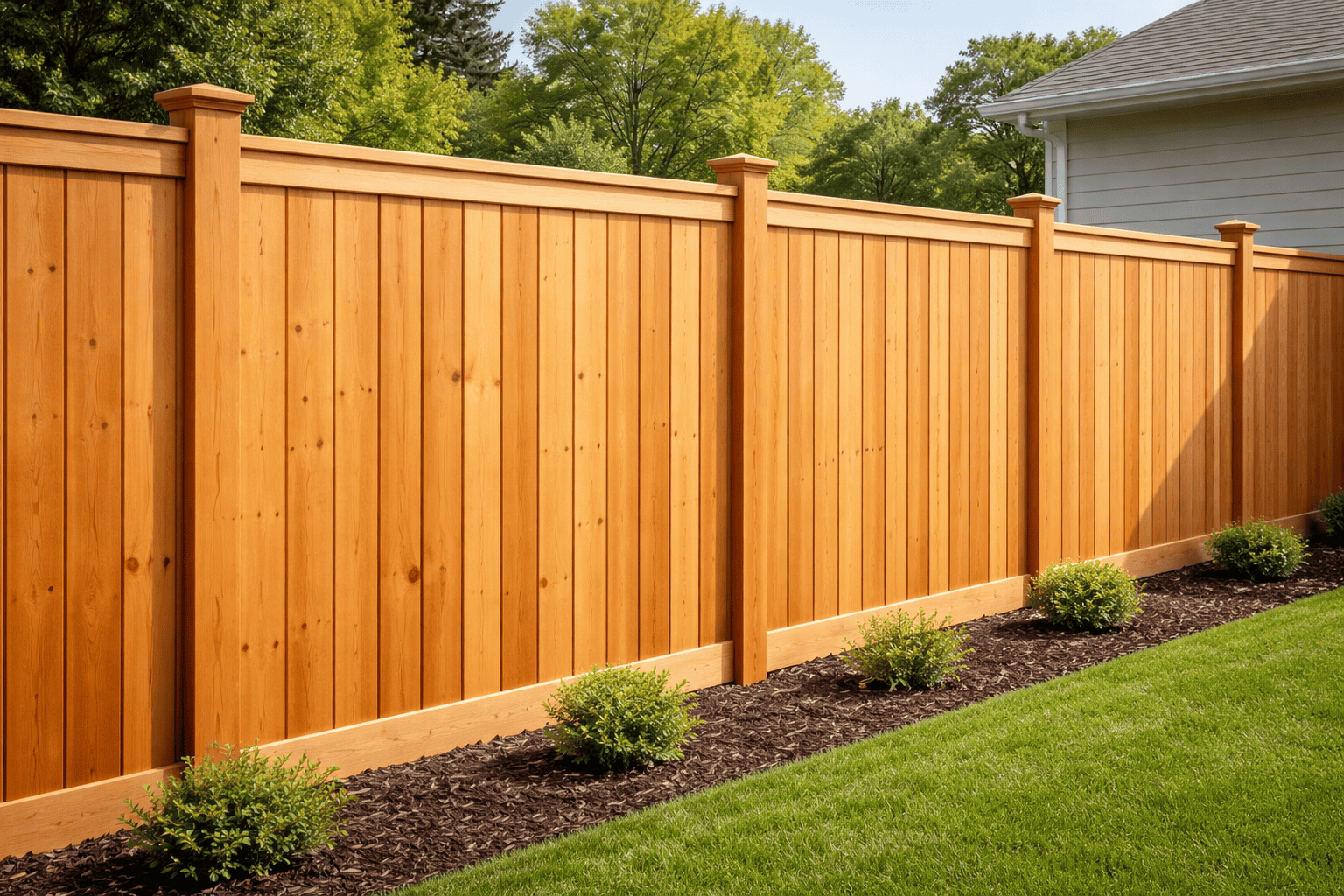 Fence with vertical wooden panels and decorative posts in a backyard setting.